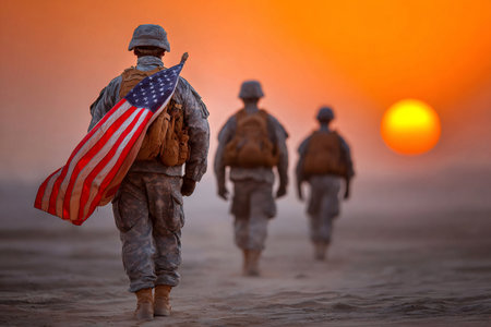Soldiers walking through an arid desert landscape during a vibrant sunsetの素材