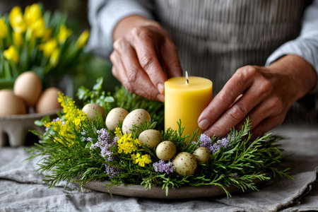 Woman hands arranging a festive easter centerpiece with a yellow candle, eggs, and spring greeneryの素材