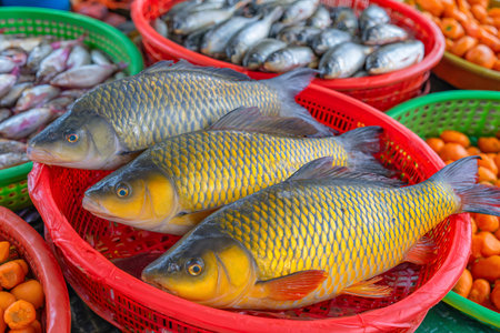 Fresh common carp fish lying in a basket at a market stallの素材