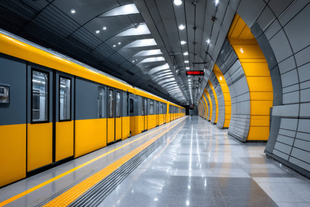 Modern subway train stopped at a futuristic underground station platformの素材