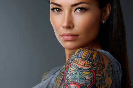 Young woman showing her colorful shoulder tattoo and looking directly at cameraの素材