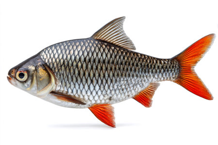 Silver scaled freshwater fish with distinctive red fins isolated on a white backgroundの素材