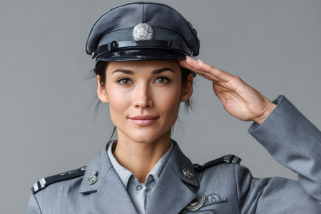 Woman officer saluting, showing respect and duty against a gray backgroundの素材