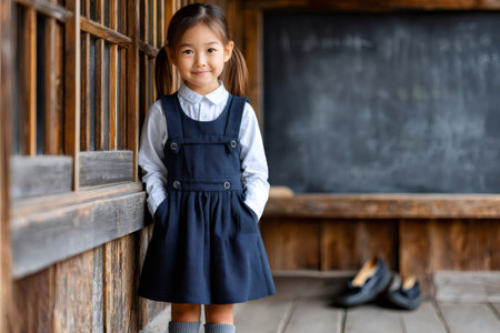 Young asian girl standing in a vintage classroom smiling, wearing a school uniformの素材