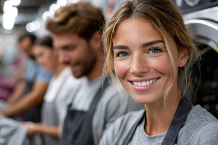 Smiling woman wearing apron standing in a busy laundromat with colleaguesの素材