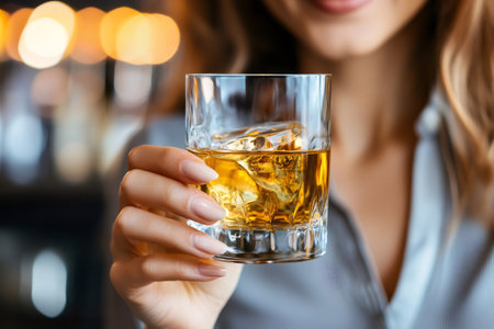 Woman holding a glass of whiskey with ice, enjoying an alcoholic drinkの素材