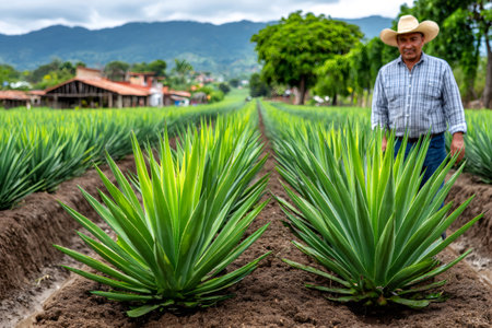 Mexican farmer inspecting young agave plant growth in a rural field under a cloudy skyの素材