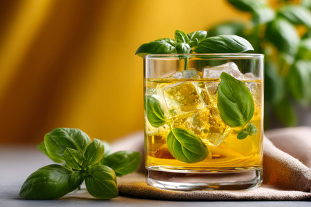 Basil cocktail with ice cubes, basil leaves, and a yellow backgroundの素材