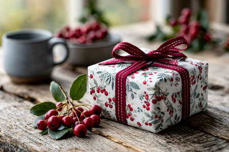 Gift box wrapped in festive paper with red ribbon and natural berries on woodの素材