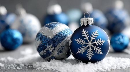 Blue and silver ornaments with snowflake patterns decorating a winter holiday settingの素材