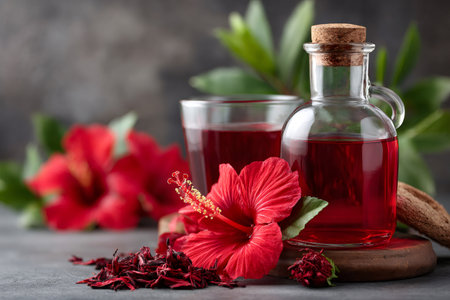Hibiscus tea in a glass and bottle, with fresh and dried hibiscus flowersの素材