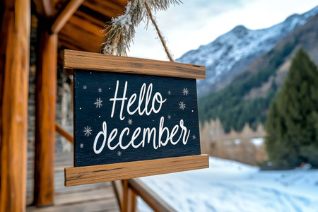 Welcome sign hanging on a rustic log cabin porch, celebrating winter and the beginning of Decemberの素材