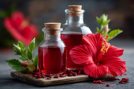 Hibiscus flowers and concentrated oil promoting natural beauty and skincare productsの素材