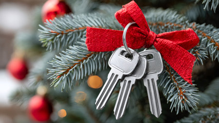 New home keys tied with a red ribbon hanging on a festive Christmas tree branchの素材