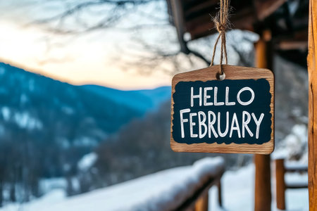 Wooden sign displaying hello February hanging on a rustic lodge with a winter mountain landscapeの素材