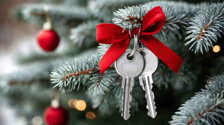 Keys with a red bow hanging on a green Christmas tree with red ornaments and bokeh lightsの素材