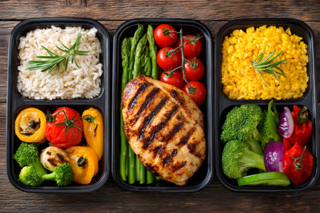 Portion controlled food in takeaway containers, promoting a balanced diet and nutritionの素材