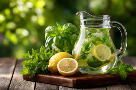 Infused water with lemon, mint, and basil in a glass pitcher on a wooden table outdoorsの素材