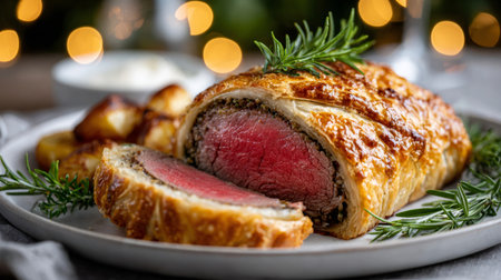 Beef wellington displaying perfect rare meat, garnished with rosemary for a festive mealの素材