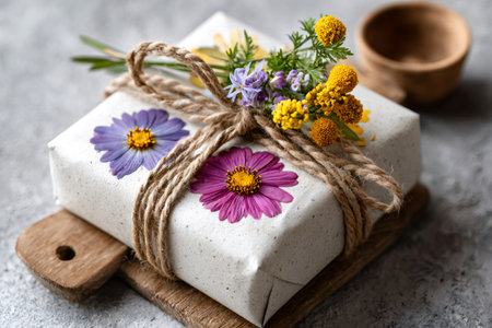 Gift box wrapped with natural paper, adorned with pressed flowers and twineの素材