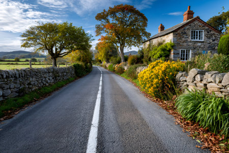 Country road winding through a rural landscape with stone dry walls and an old cottageの素材