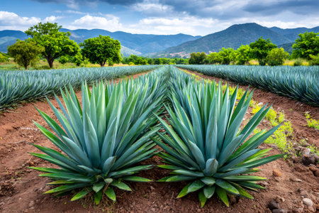 Rows of blue agave plants stretching into the distance under a cloudy skyの素材