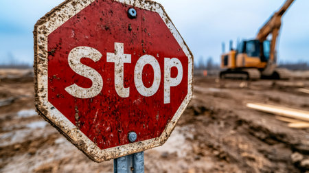Stop sign covered in mud warning about ongoing construction and halted developmentの素材