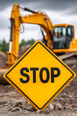 Yellow stop sign blocking view of an excavator at a roadwork siteの素材