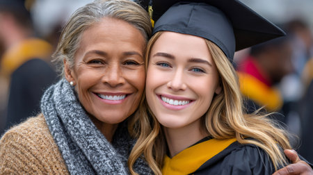 Mother and daughter smiling, proudly celebrating the graduation ceremonyの素材