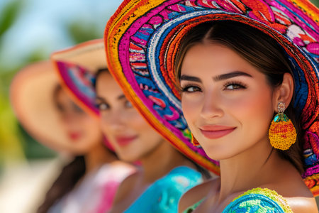 Young woman wearing a vibrant traditional sombrero and beaded earrings, smiling at the cameraの素材