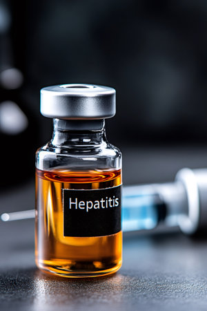 Hepatitis vaccine vial with amber liquid standing next to a medical syringeの素材