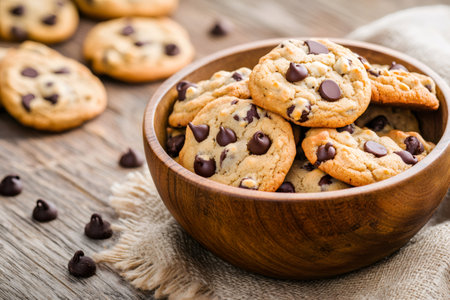 Delicious homemade chocolate chip cookies resting in a wooden bowl on a textured surfaceの素材