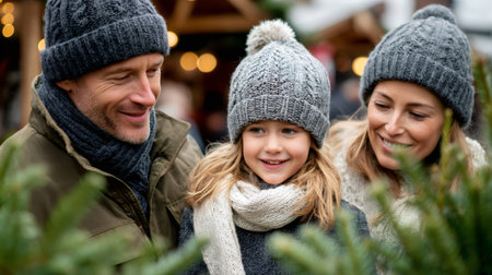 Family looking at christmas trees, celebrating holiday season togetherの素材
