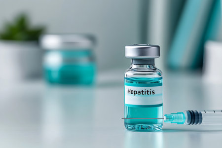 Hepatitis vaccine vial being prepared with a syringe for healthcare and preventionの素材