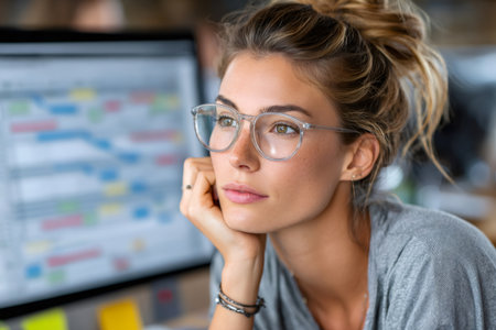 Young professional woman thinking deeply, looking away from a computer screen in an officeの素材