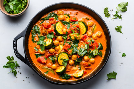 Chickpea and vegetable curry with zucchini, spinach, and tomatoes cooking in a skilletの素材