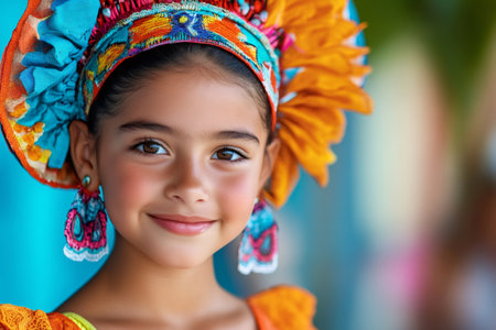 Young girl smiling, wearing a colorful folk costume with an embroidered headdress and earringsの素材