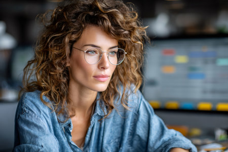 Young professional woman with curly hair and glasses thinking in a modern officeの素材