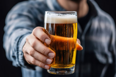 Man holding and offering a pint glass filled with golden beer against a dark backgroundの素材