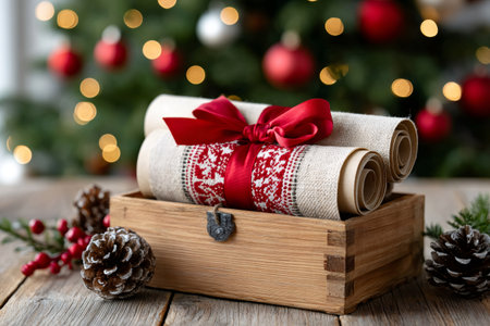 Festive gift box containing decorative fabric rolls with a red ribbon and pine conesの素材