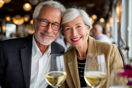 Senior couple smiling to camera, celebrating a special occasion with wine glassesの素材