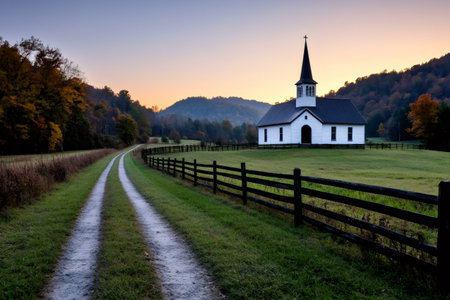 White church standing in a rural landscape, with a dirt road leading towards itの素材