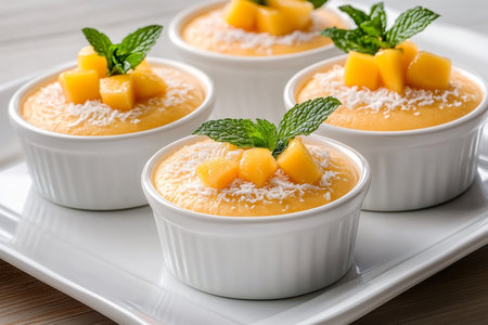 Mango mousse desserts garnished with fresh mint, coconut flakes, and diced mangoの素材