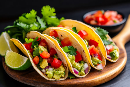 Tacos filled with guacamole, tomato, cilantro, and onionの素材
