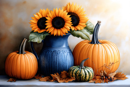 Pumpkins and bright sunflowers arranged in a blue pitcher with autumn leavesの素材