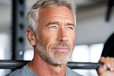 Senior man working out with a barbell, showing dedication and healthy lifestyleの素材