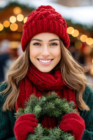Happy woman wearing winter clothing holding a festive pine wreathの素材