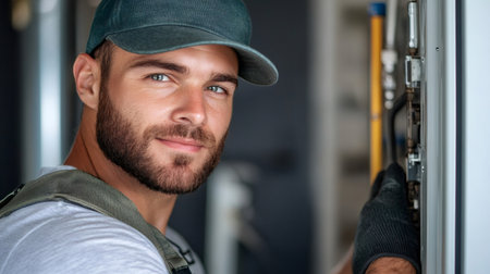 Young man with a beard smiling, working as a technician in an industrial settingの素材