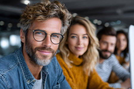 Confident man with glasses leading a smiling multi ethnic business teamの素材