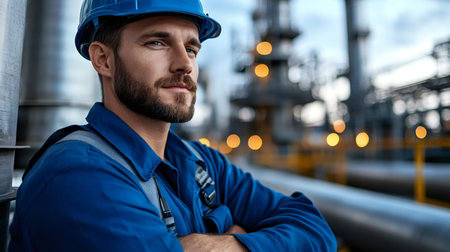 Confident man with beard wearing hard hat and uniform at industrial plantの素材